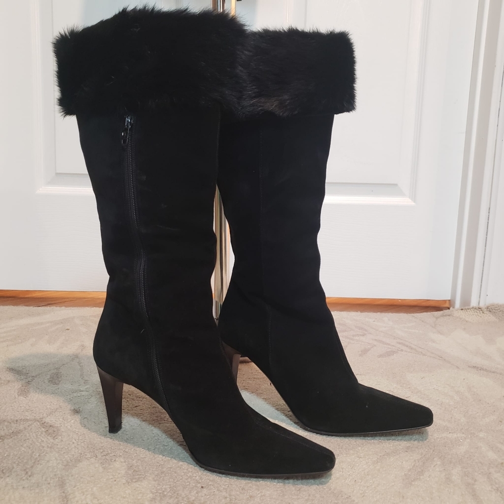 Massimo Baldi Italian fur-trimmed black suede boots Size 9.5